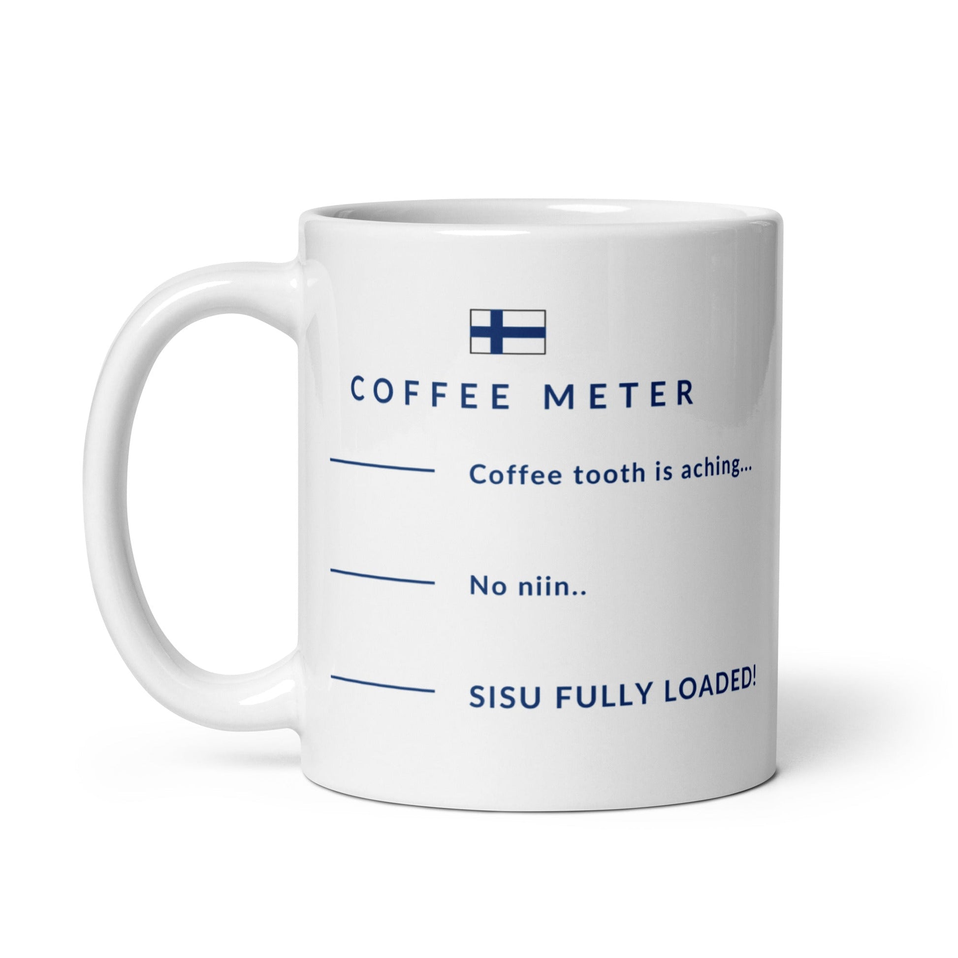 Finnish Coffee Meter, White glossy mug - Feels like Finland