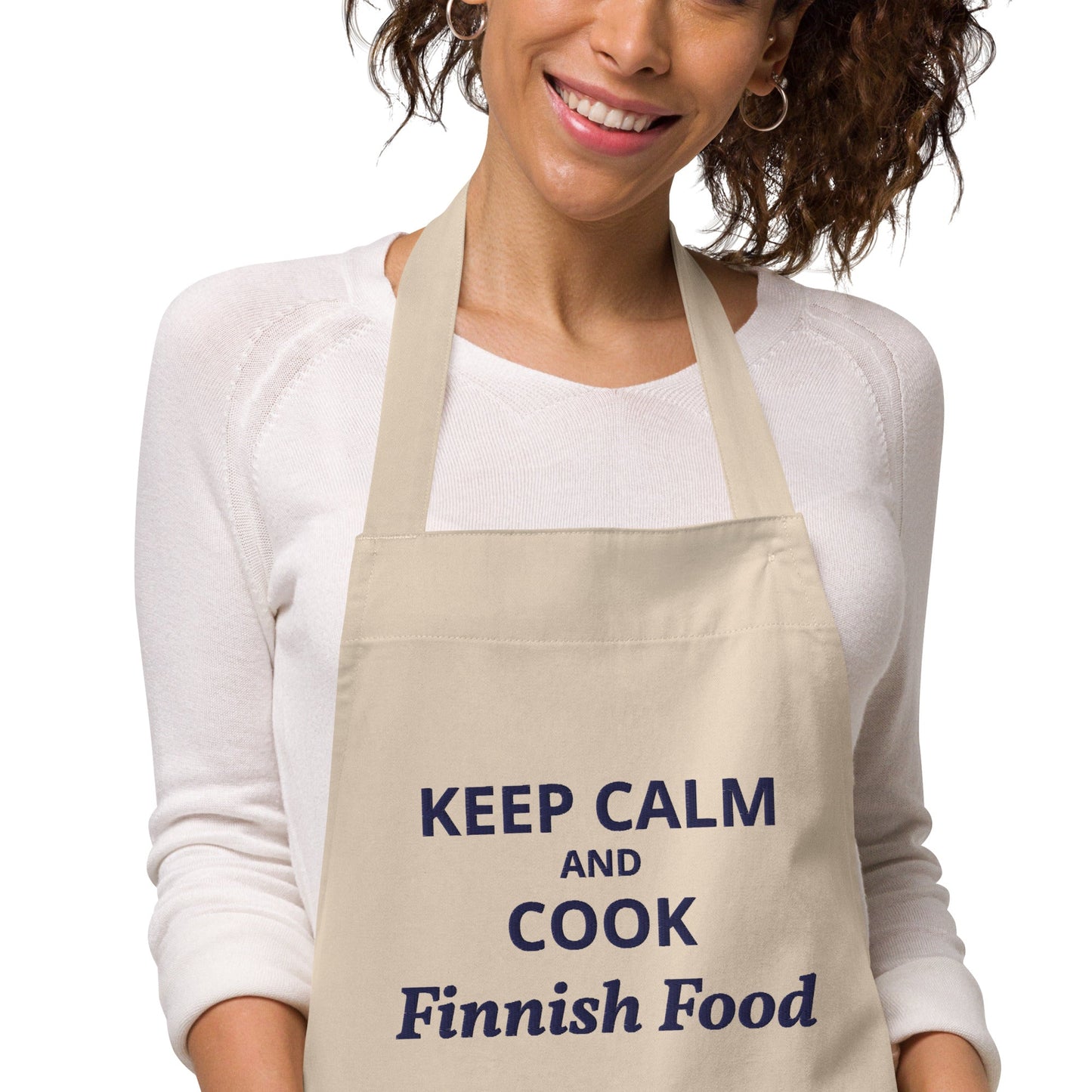 Keep Calm and Cook Finnish Food, Organic cotton apron with embroidery - Feels like Finland