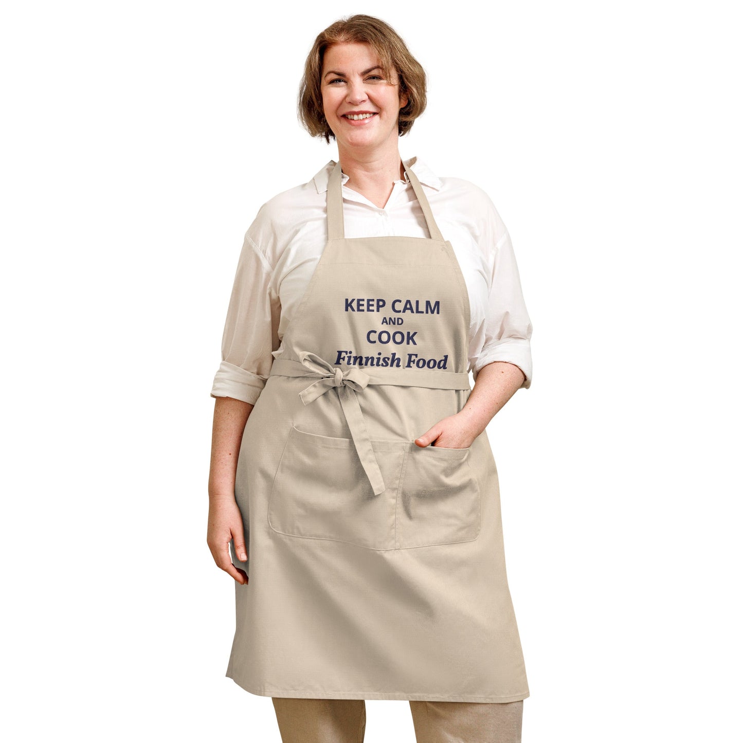 Keep Calm and Cook Finnish Food, Organic cotton apron with embroidery - Feels like Finland