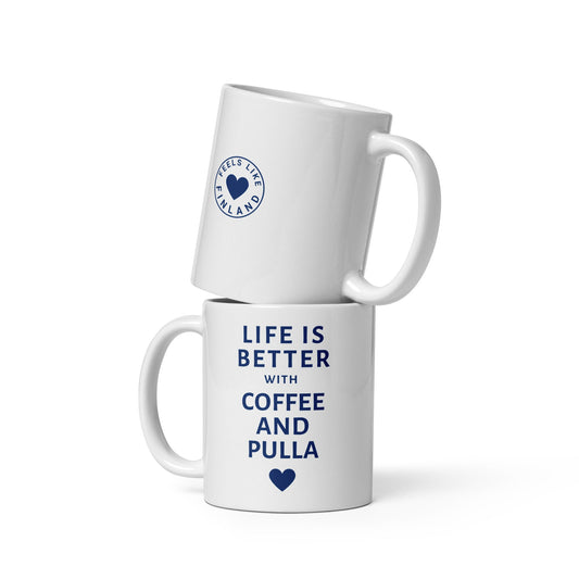 Life is better with Coffee and Pulla, White mug - Feels like Finland